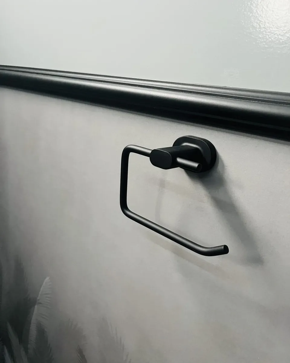 Interior towel ring inside a restroom trailer