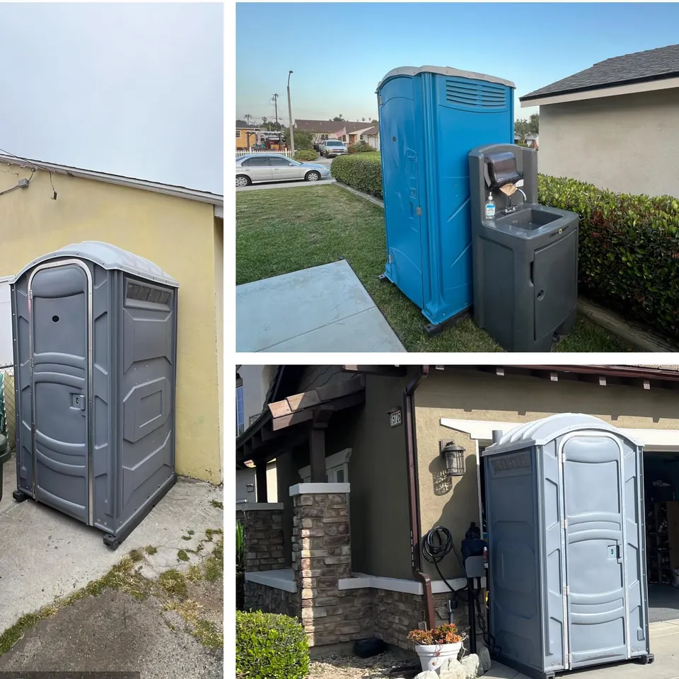 Collage showing portable restroom setups and equipment